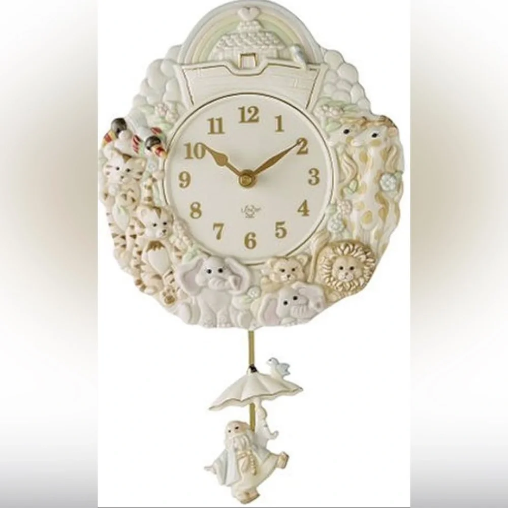 Lenox Noahs Ark Ivory China Wall Clock With Pendulum w/Original Box, Cards
